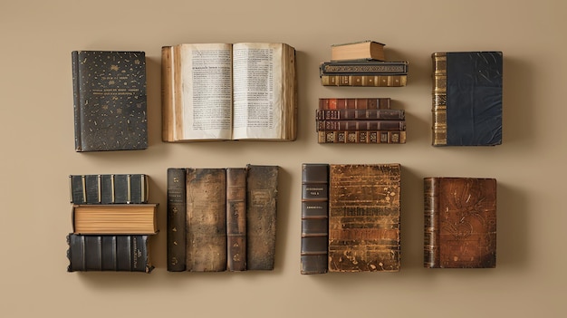 An assortment of antique books on a tan background