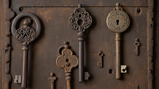 Assortment of Antique Rusty Keys on Wood