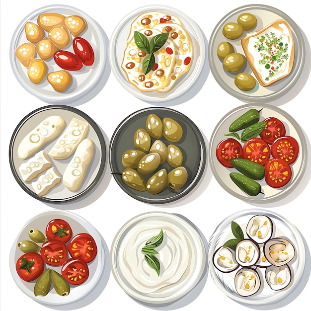 Photo assortment of appetizers on white plates olives tomatoes cheese and more