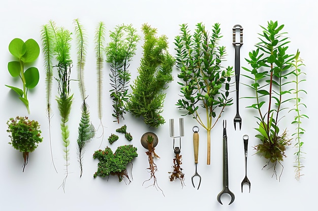 Assortment of Aquarium Plants and Tools for Planting