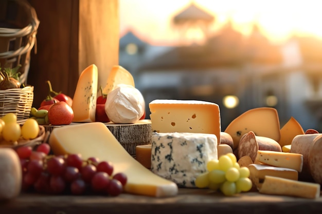 An assortment of artisan cheeses on a rustic cheeseburger