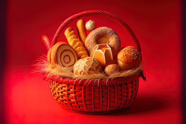 Assortment of baked bread in basket on red background food