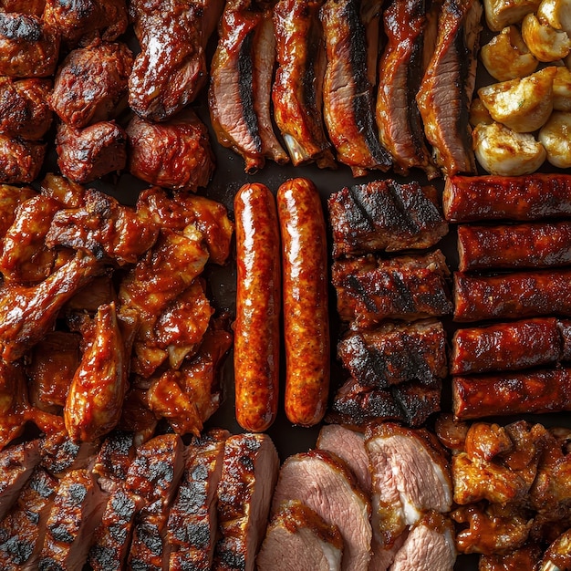 Assortment of BBQ meats background top view filling the entire image