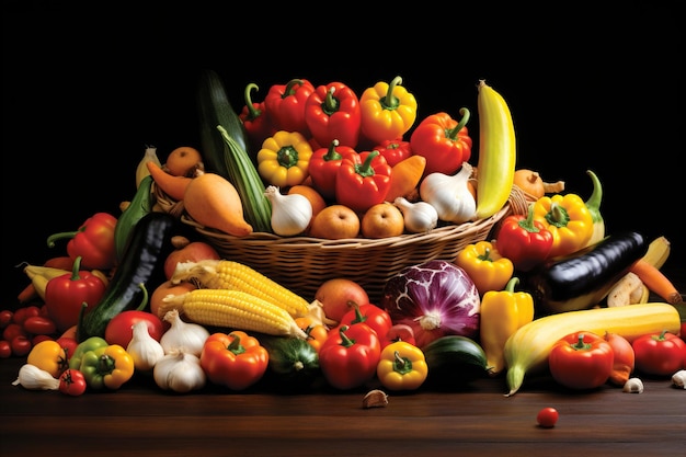 Assortment of bountiful farmfresh vegetables beautifully arranged in a rustic woven basket