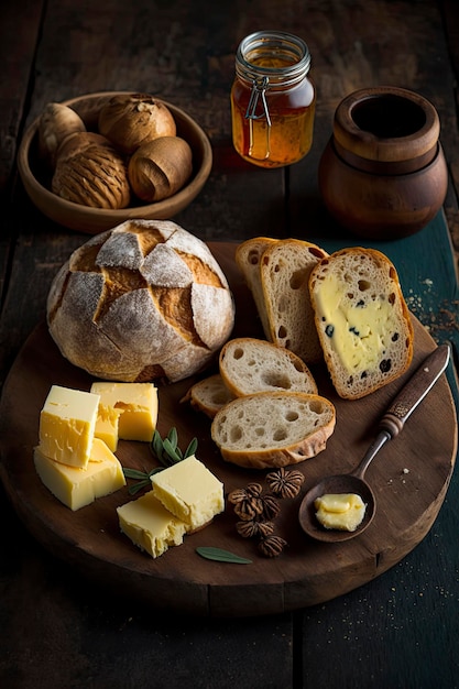 Assortment of bread cheese butter and honey for breakfast on rustic table Generative AI