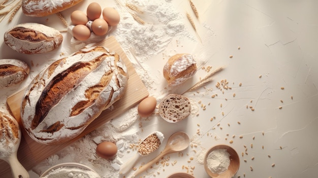 Assortment of breads on wooden board