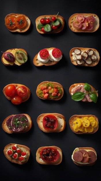 Assortment of bruschettas elegantly displayed on a sleek black background