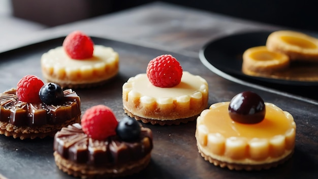 assortment of cakes and cup of tea on black wooden table