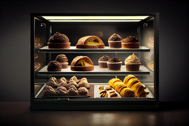 Assortment of cakes in the showcase of a pastry shopgenerative ai