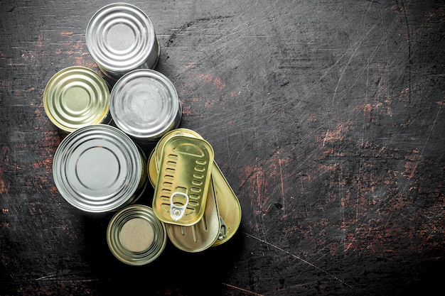 Assortment of canned food in various cans