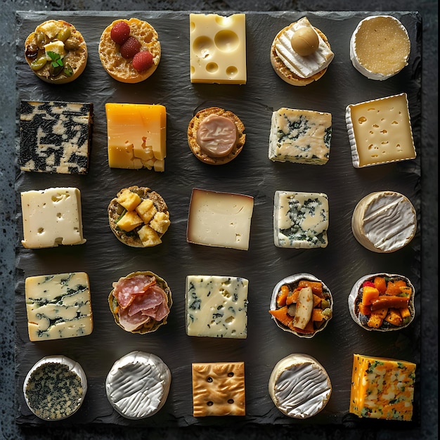 Photo assortment of cheese on slate serving board