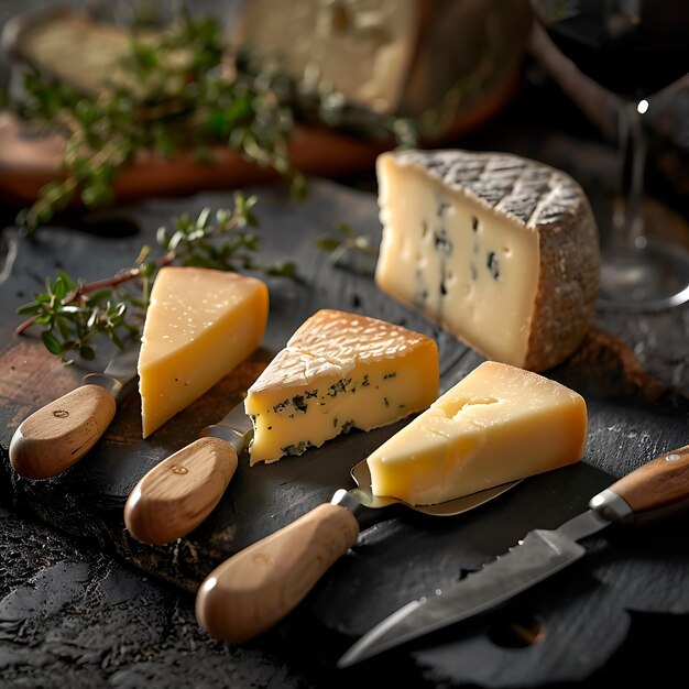 Photo assortment of cheeses on a slate cutting board with wooden cheese knives