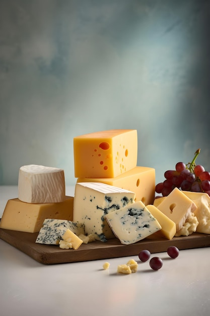 Assortment of cheeses Various types of cheese Copy space AI generated