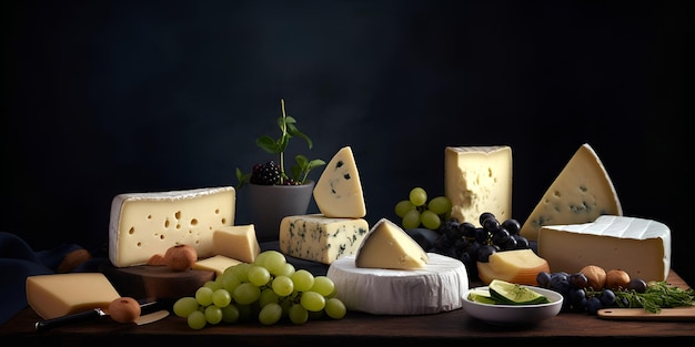 Assortment of cheeses Various types of cheese on dark background