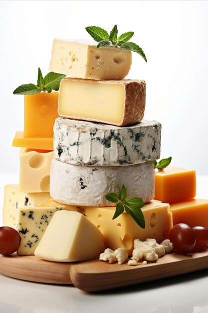 Assortment of cheeses Various types of cheese on white background