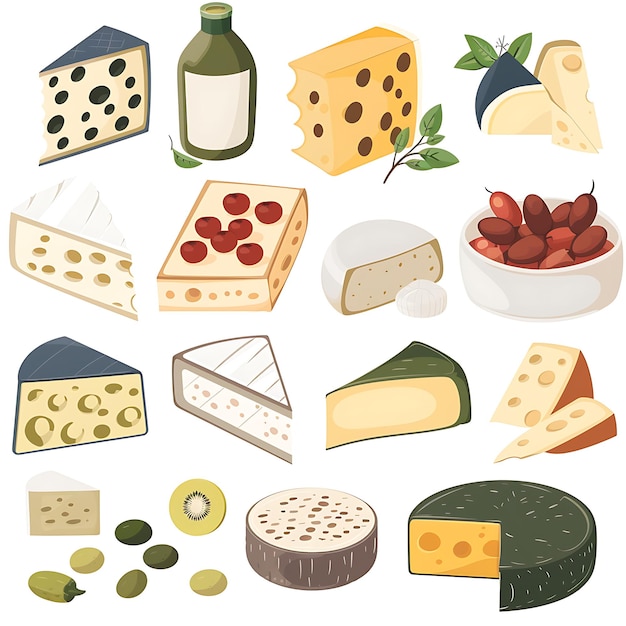 Photo assortment of cheeses with olives kiwi and wine bottle vector illustration