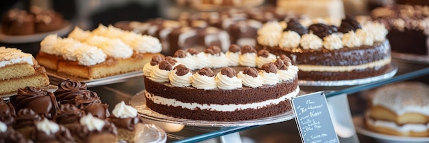 An assortment of chocolate cakes with creamy frosting displayed on a glass shelf in a bakery T