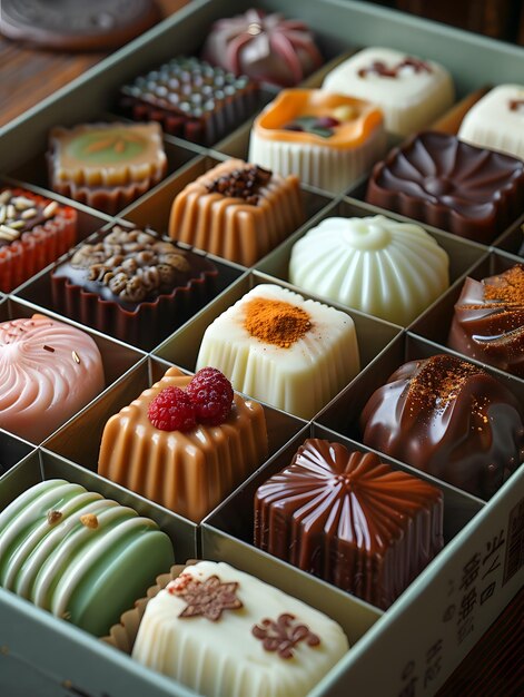 Photo assortment of chocolates with various flavors and fillings