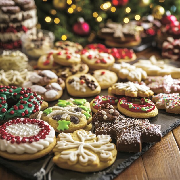 An assortment of Christmas cookies decorated with frosting and sprinkles on a wooden table