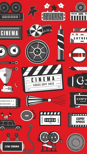 Photo assortment of cinema elements on red background with copy space