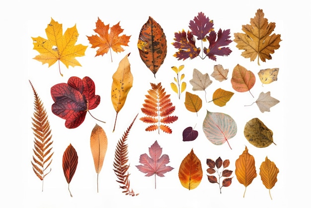 Photo assortment of colorful autumn leaves in varying shapes and sizes displayed on a plain white background highlighting fall diversity ai