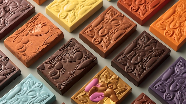 An assortment of colorful chocolate bars with various embossed patterns arranged on a solid background