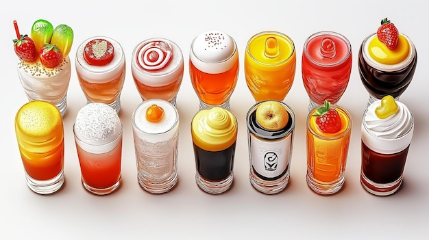 Photo assortment of colorful cocktails in glasses on white background