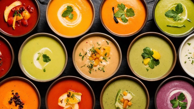 Photo assortment of colorful creamy soups in bowls with garnishes