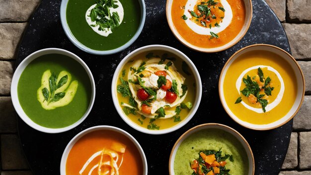 Photo assortment of colorful creamy soups in bowls with garnishes