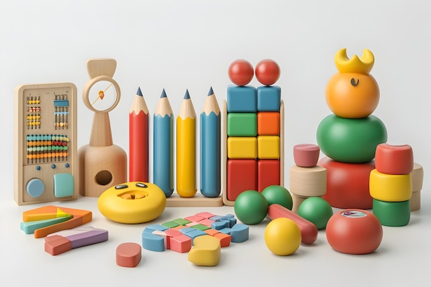 Photo assortment of colorful educational toys and learning tools on white background