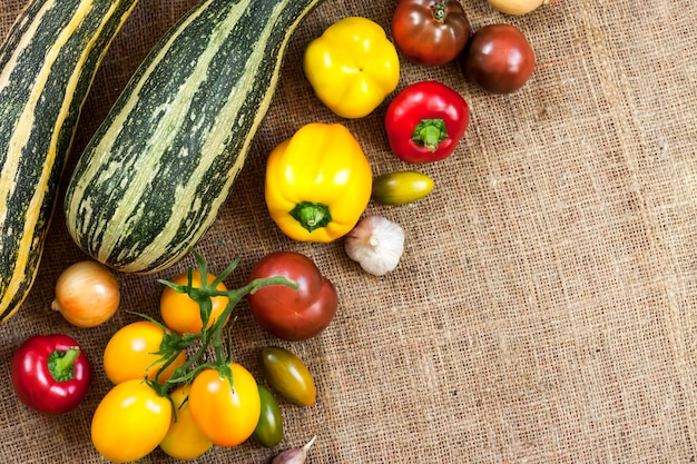 Assortment of colorful fresh vegetables on sackcloth background. Flat lay, top view. Copy space.