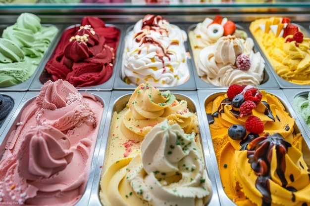 Photo assortment of colorful ice cream scoops in a display case