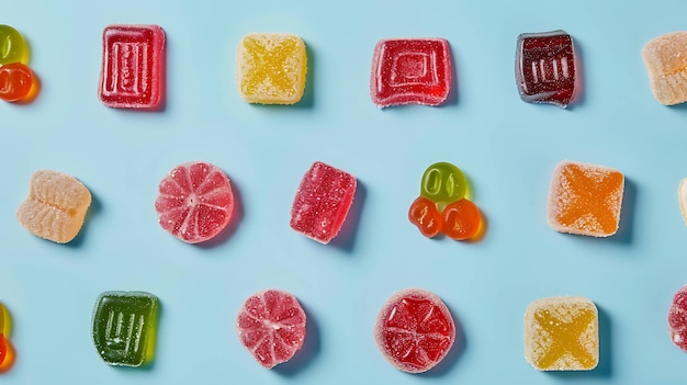 Photo assortment of colorful jelly candies on blue background