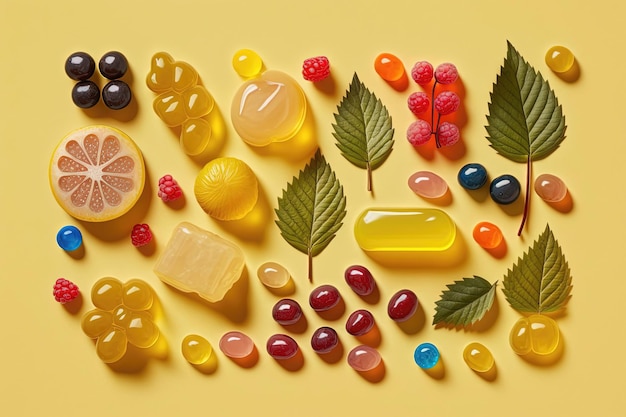 An assortment of colorful jelly candies in various fruit shapes including strawberries oranges lemons and watermelons Generative AI