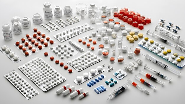 Photo an assortment of colorful medication capsules and vials arranged artistically