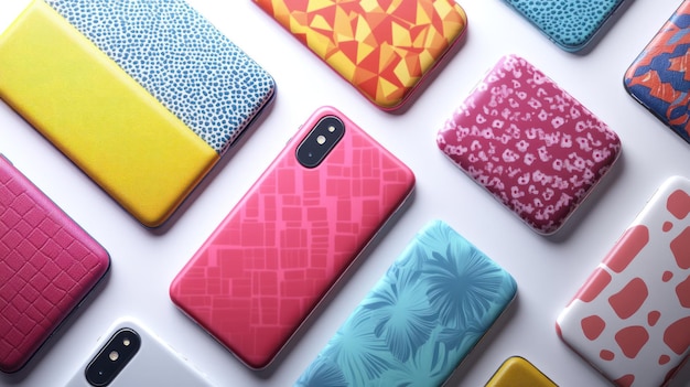 Photo assortment of colorful phone cases with various patterns