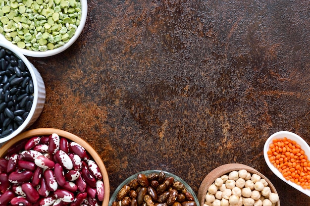 The assortment of colorful raw legumes