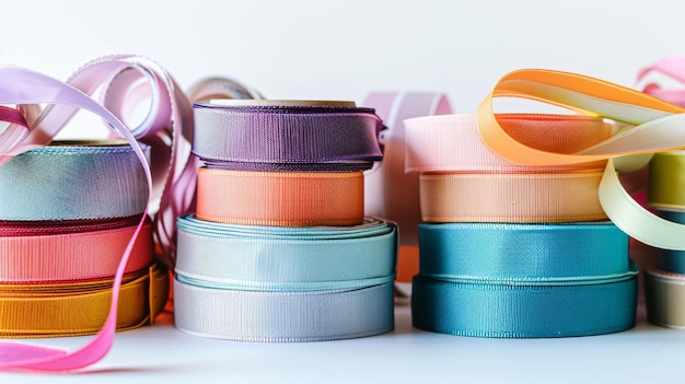 Photo an assortment of colorful ribbons neatly stacked showcasing a vibrant palette perfect for crafting and decoration projects