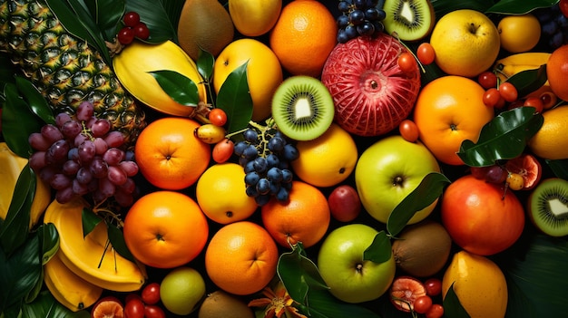 Assortment of colorful ripe tropical fruits top view