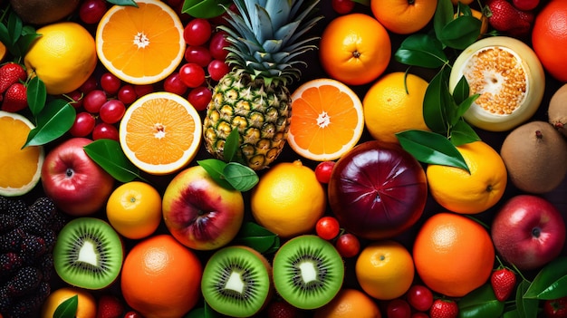 Assortment of colorful ripe tropical fruits top view