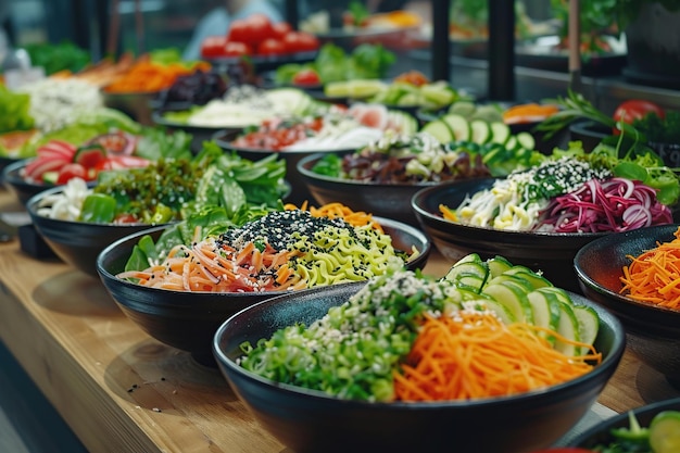 Photo assortment of colorful salads in black bowls