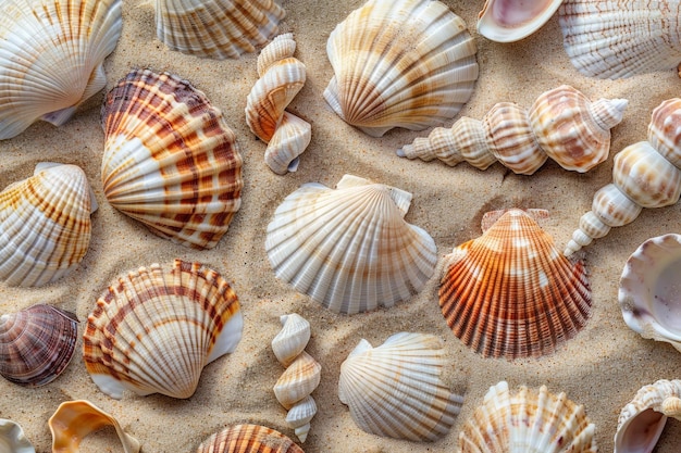 Assortment of colorful seashells on sandy beach