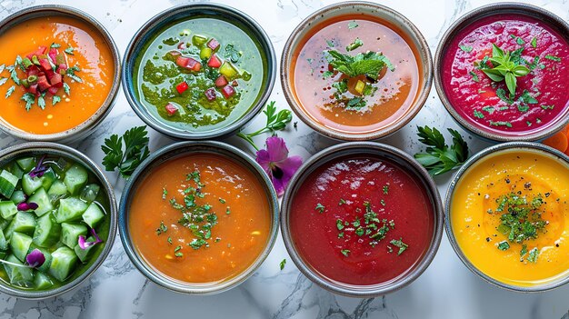 Photo assortment of colorful soups in bowls