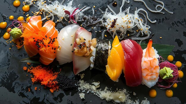 Photo an assortment of colorful sushi pieces arranged on a black plate