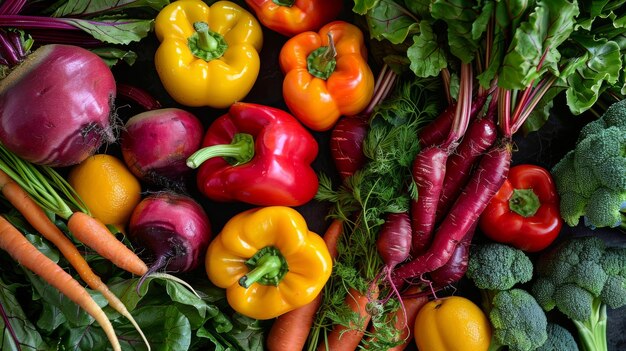 An assortment of colorful veggies such as carrots bell peppers and beets ready to be added to a