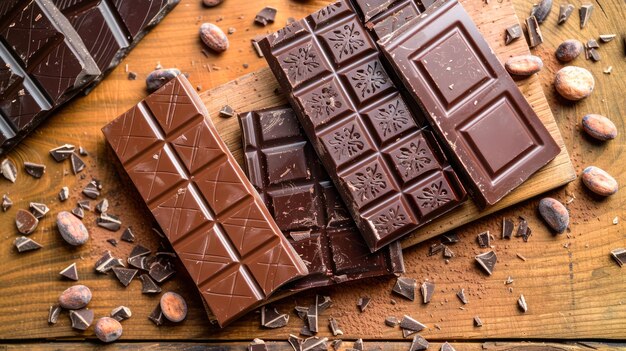 Assortment of Dark Milk and White Chocolate Bars with Cocoa Beans on Wooden Surface