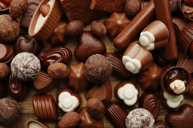 Assortment of delicious chocolate candies background close up