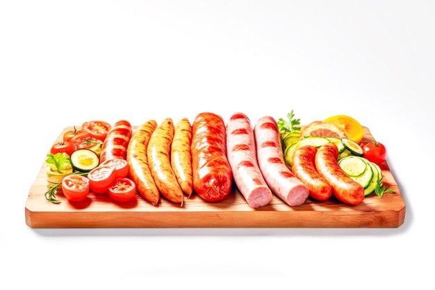 Assortment of delicious deli meats with vegetables and olives on wooden board on white background