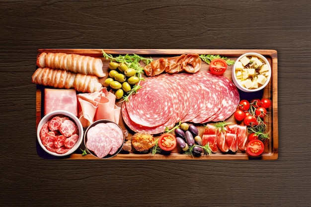 Assortment of delicious deli meats with vegetables and olives on wooden board on wooden background