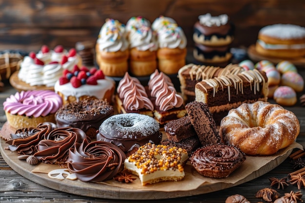 Photo assortment of delicious desserts on a wooden tray